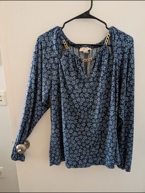 Michael Kors Navy Floral Chain-Accent Blouse